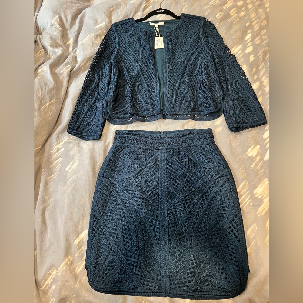 Maje Navy Crochet Suite, Skirt size 38 & Jacket size 36